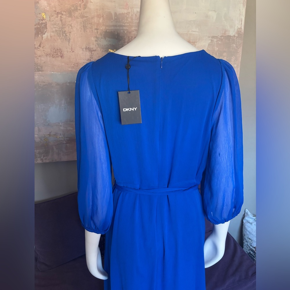 DKNY Blue Faux Wrap Dress with V-Neck and Bishop Sleeves NWT size 16 - Picture 6 of 12